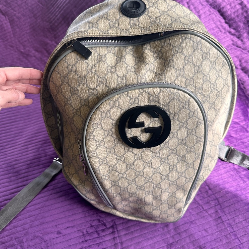 Gucci Tan Monogram Backpack with Black Logo